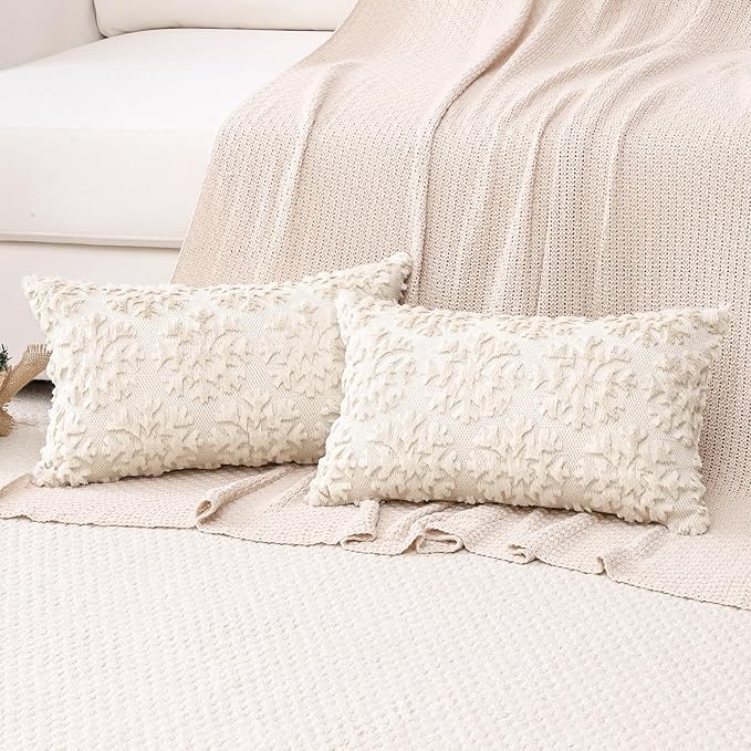 OTOSTAR Set of 2 Xmas Soft Plush Short Wool Velvet Decorative Throw Pillow Covers Rectangular Luxury Style Cushion Case Pillow Shell for Sofa Bedroom Snowflake Cream Beige, 16x24 Inch