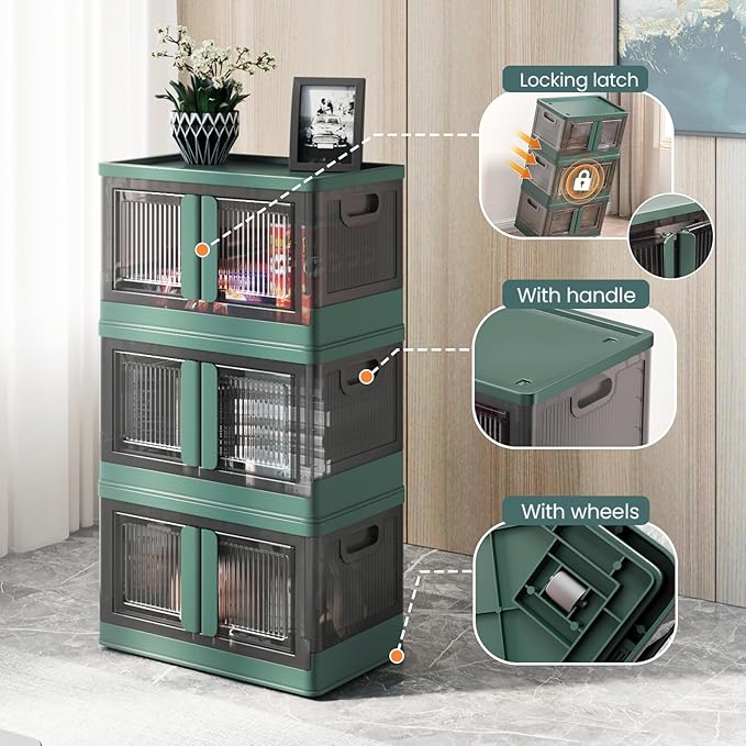 8.4Gal Collapsible Storage Bins with Lids & Wheels - 4 Pack Stackable with Doors, Heavy-Duty Plastic Containers for Home/Office, Green