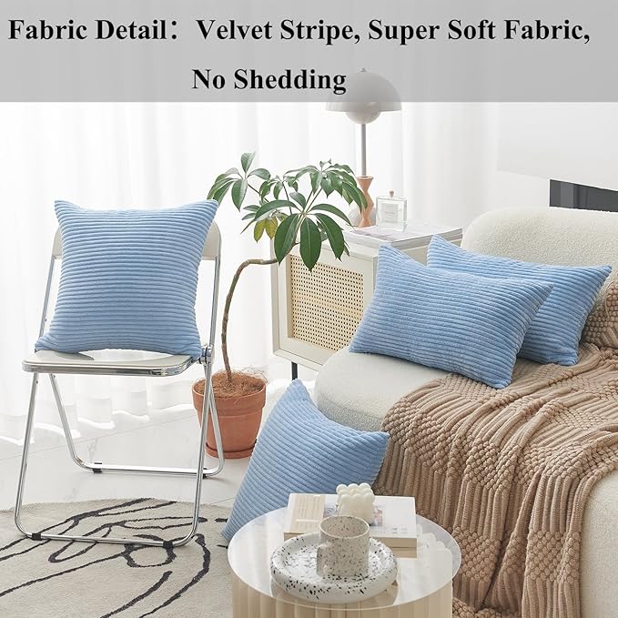 Home Brilliant Decor Super Soft Plush Corduroy Striped Throw Pillows Set of 2 Cushion Covers for Sofa Couch Bed, 50x50 cm, 20 x 20 Inch, Baby Boy Blue