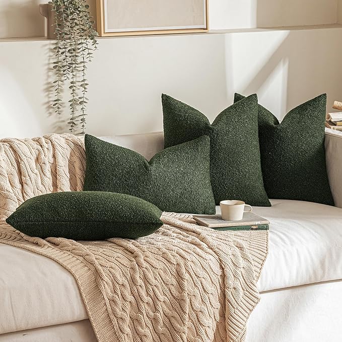 MIULEE 22x22 Christmas Decorative Euro Sham Throw Pillows for Bed Set of 2 Textured Boucle Neutral Winter Throw Pillow Covers Dark Green Accent Solid Euro Couch Pillowcase Sofa Livingroom Home Decor
