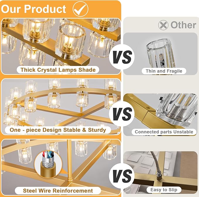 Modern 36" Gold Round Chandelier Light Fixture, K9 Crystal Chandeliers for Dining Room, Living Room, Dining Room Chandeliers Over Table, Chandelier for Bedroom, Foyer, Includes 36XG4 Bulbs