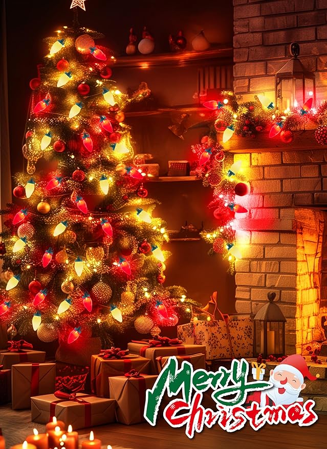 C9 Christmas Lights Outdoor, 100 Feet Strawberry Waterproof String Lights with 100 Bulbs, Connectable Waterproof Lights for Holiday Party Roofline Backyard Patio, Green Wire(Red & Warm White)