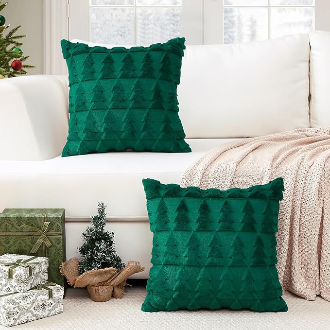 OTOSTAR Set of 2 Xmas Soft Plush Short Wool Velvet Decorative Throw Pillow Covers Square Luxury Style Cushion Case Pillow Shell for Sofa Bedroom Christmas Tree Green, 16x16 Inch