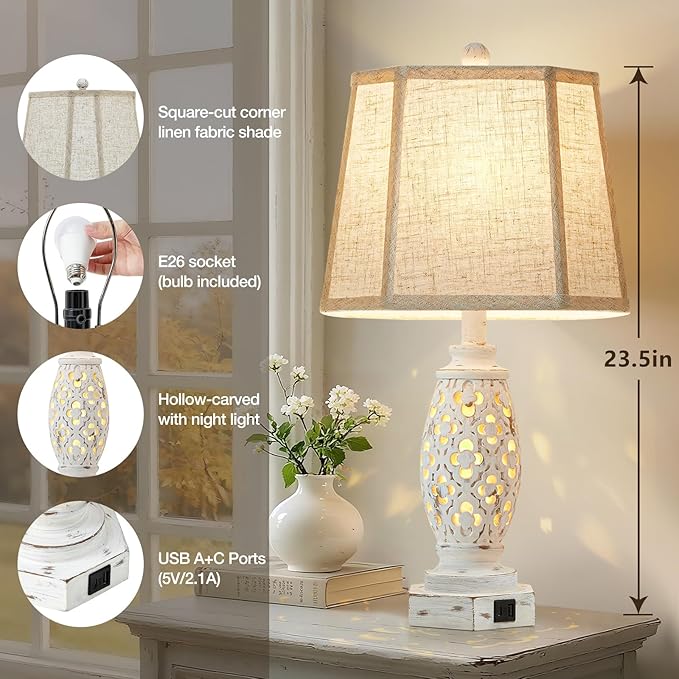 Lamps for Night Stands Set of 2-23.5" Bedside Lamp with USB A+C and Nightlight - Rustic Farmhouse Table Lamp for Bedrooms, End Tables, Living Room - French Country Decor, Bulbs Included, Cream