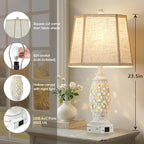 Lamps for Night Stands Set of 2-23.5" Bedside Lamp with USB A+C and Nightlight - Rustic Farmhouse Table Lamp for Bedrooms, End Tables, Living Room - French Country Decor, Bulbs Included, Cream