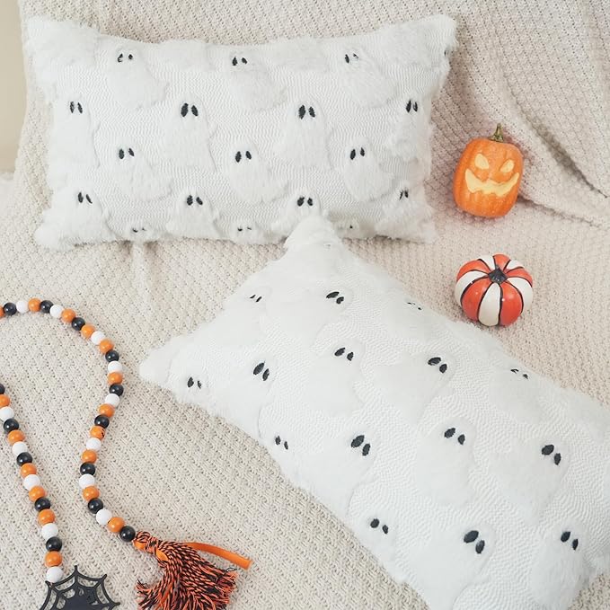 GEEORY Halloween Ghost Soft Plush Pillow Covers, 12 x 20 Inch Set of 2, Fluffy Faux Fur Wool Decorative Farmhouse Cushion Case for Sofa Home Decoration White GC026-12
