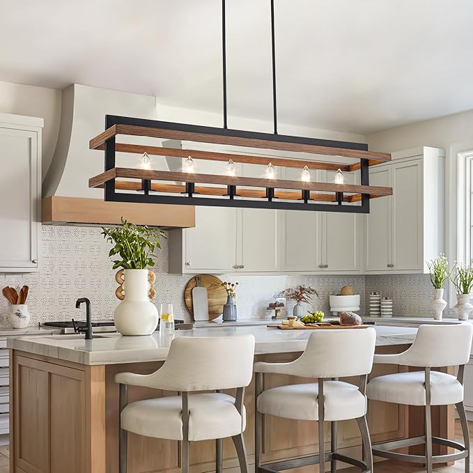 Farmhouse Dining Room Light Fixtures Rectangle Chandeliers Kitchen Island Lighting Vintage Pendant Lights Fixture 6-Lights Wood Grain Iron Chandelier for Dining Room Living Room Kitchen