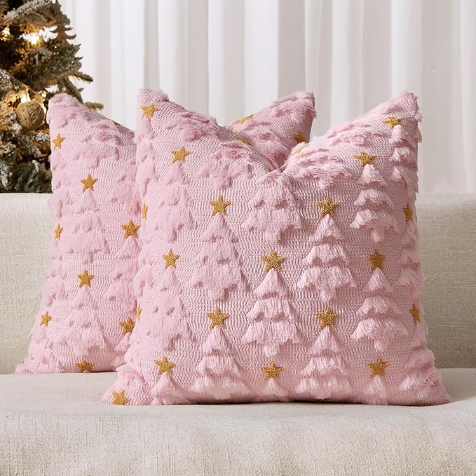 MIULEE Christmas Pillow Covers 18x18 Inch Set of 2, Pink Christmas Tree Plush Faux Fur Pillowcases Soft Decorative Throw Pillow Cases for Couch Sofa Living Room Winter Xmas Holiday Home Decor