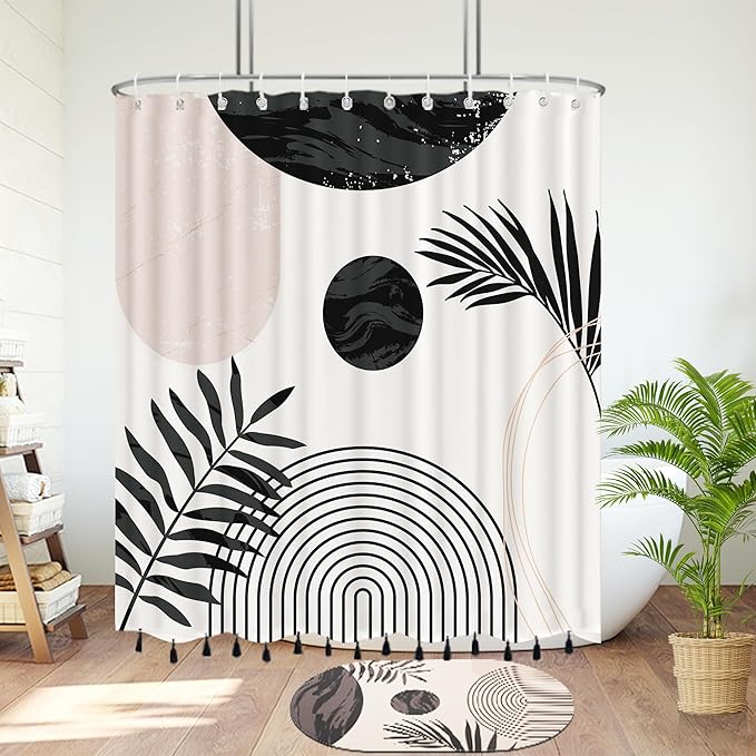 Boho Mid Century Leaf Shower Curtain Set,Arch Sun Design,Minimalistic Leaves Pattern,Waterproof and Luxurious Fabric-12 Hooks(Black and White-60" x 72")
