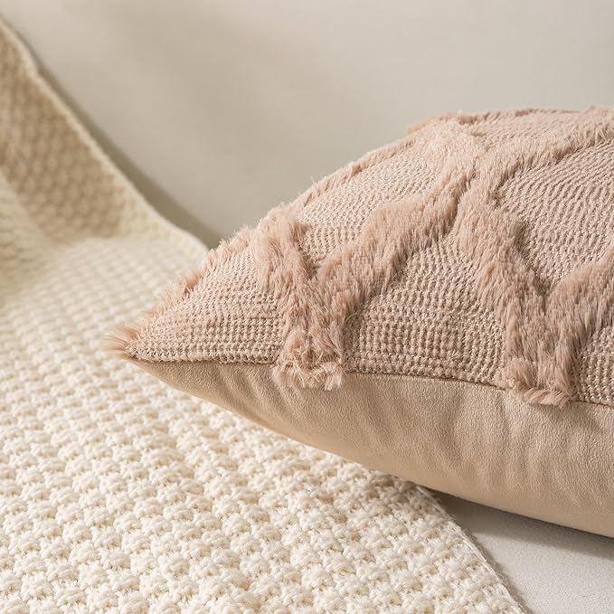 Set of 2 Soft Moroccan Throw Pillow Covers 12x20 Inch Plush Boho Decorative Pillow Cover Accent Cushion Case for Couch Sofa Bed, Light Brown