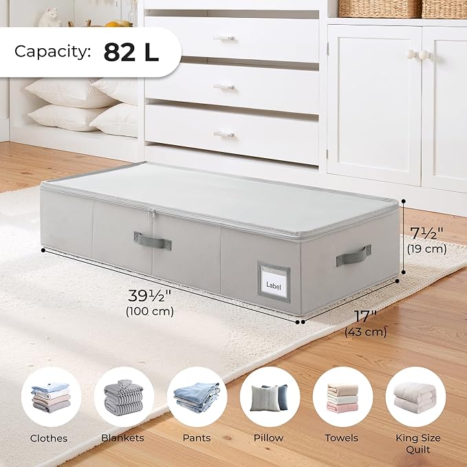 Cupic Cupid Under Bed Storage Containers, Large Foldable Organizer with Lid for Bedroom, Underbed Storage Box for Blankets, Clothes, Shoes, 2 Pack, Grey