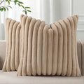 Pallene Faux Fur Plush Throw Pillow Covers 22x22 Set of 2, Luxury Soft Fluffy Striped Decorative Pillow Covers for Sofa, Couch, Living Room, Khaki