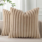 Pallene Faux Fur Plush Throw Pillow Covers 22x22 Set of 2, Luxury Soft Fluffy Striped Decorative Pillow Covers for Sofa, Couch, Living Room, Khaki
