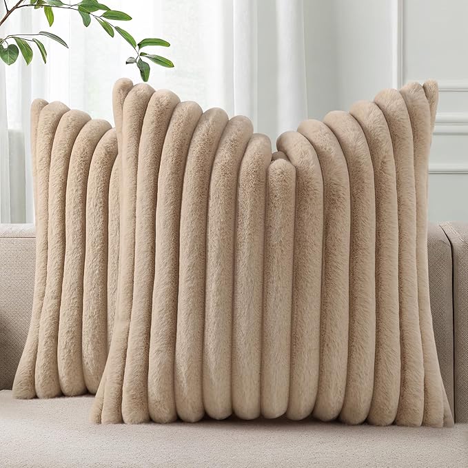 Pallene Faux Fur Plush Throw Pillow Covers 24x24 Set of 2, Luxury Soft Fluffy Striped Decorative Pillow Covers for Sofa, Couch, Living Room, Khaki