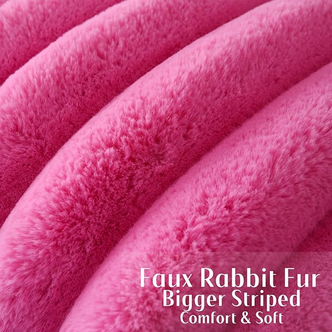 FUTEI Hot Pink Decorative Throw Pillow Covers 16x16 Inch Set of 2, Square Soft Faux Rabbit Fur Big Striped Cushion Cover,Home Decor for Couch Sofa Bed Living Room