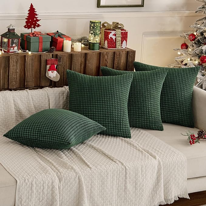 MIULEE Boho Farmhouse Throw Pillow Covers 18x18 Inch Set of 4 Soft Neutral Covers Christmas Dark Green Corduroy Couch Pillowcases Home Decor for Sofa Living Room Bed