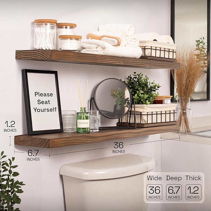 BAOBAB WORKSHOP Solid Wood Floating Shelves for Wall 36 Inches Long, Heavy Duty Wall Shelf for Bedroom 36 Inch Large, Real Wooden Bathroom Shelf Kitchen Rustic, Walnut Shelves, 36W × 6.7D, Set of 2