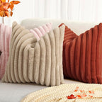 decorUhome Faux Fur Fall Throw Pillow Covers 26x26 Set of 2, Decorative Soft Plush Striped Neutral Couch Euro Pillow Covers with Velvet Back for Sofa, Bed, Living Room Home Decor, Rust