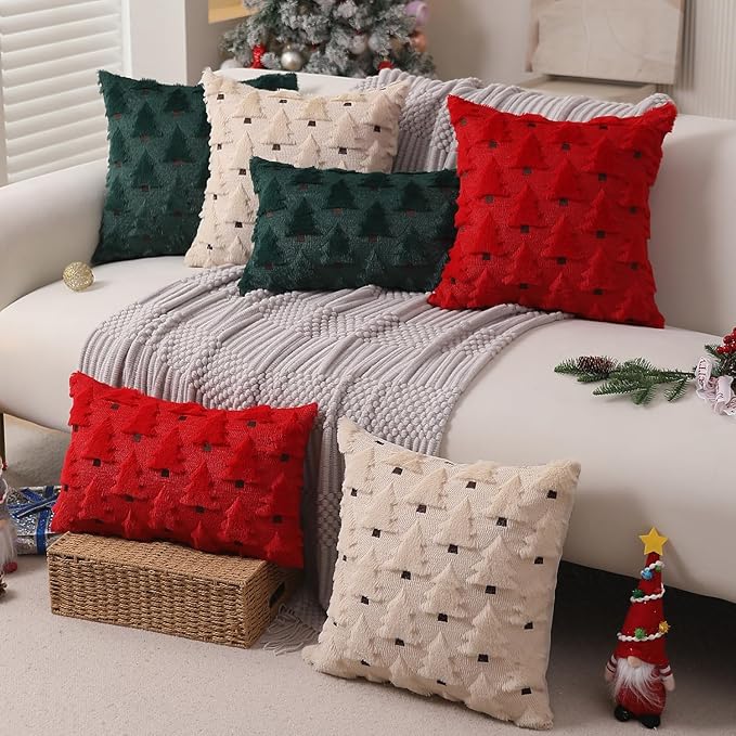 Christmas Pillow Covers 12x20 inch Set of 2 Christmas Decorations Soft Plush Faux Fur Wool Red Xmas Tree Throw Pillow Cases Winter Holiday Decor for Sofa Living Room PT002B12