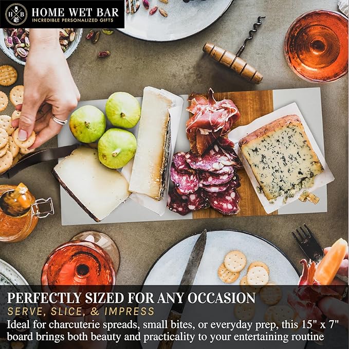 Personalized Acacia Charcuterie Board | Custom 15" x 7" White Marble & Acacia Wood Cheese Board | Perfect Housewarming + Wedding + Couples Gift Idea