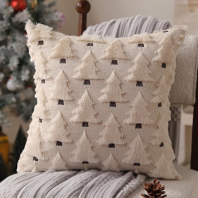 Christmas Pillow Covers 20x20 inch Set of 2 Xmas Decorations Soft Plush Faux Fur Wool Beige Christmas Tree Throw Pillow Cases Winter Holiday Decor for Sofa Living Room PT-002C20