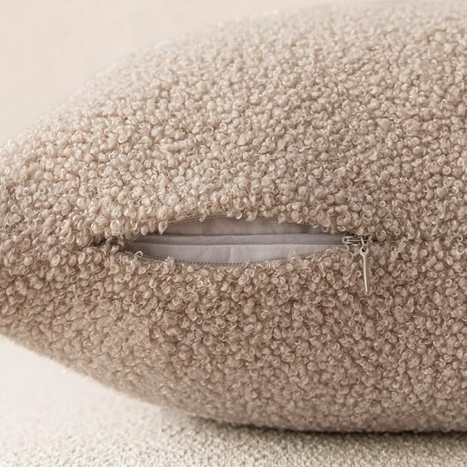 Foindtower Pack of 2, Curly Faux Fur Decorative Throw Pillow Covers Soft Fuzzy Plush Cushion Case with Zipper Cozy Pillowcase for Home Living Room Couch Bed Sofa 22 x 22 Inch, Beige