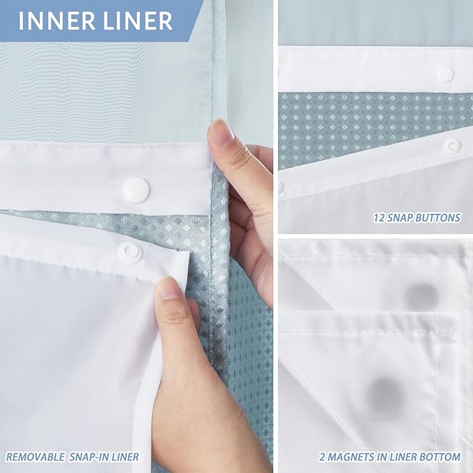 Heavy Duty 180GSM Shower Curtain 71x78 Inch,Magnetic Weighted Hem and Waterproof Fabric,No Hook Needed Design with Hotel-Grade Waffle Weave,Fog Blue Machine Washable,Mesh Top Window.