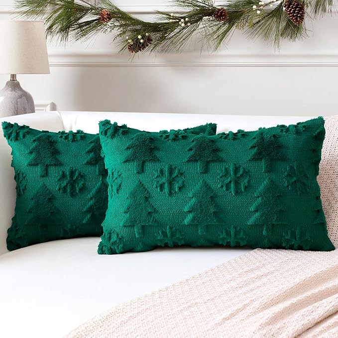 OTOSTAR Set of 2 Xmas Soft Plush Short Wool Velvet Decorative Throw Pillow Covers Rectangular Luxury Style Cushion Case Pillow Shell for Sofa Bedroom Tree and Snowflake Green, 12x20 Inch