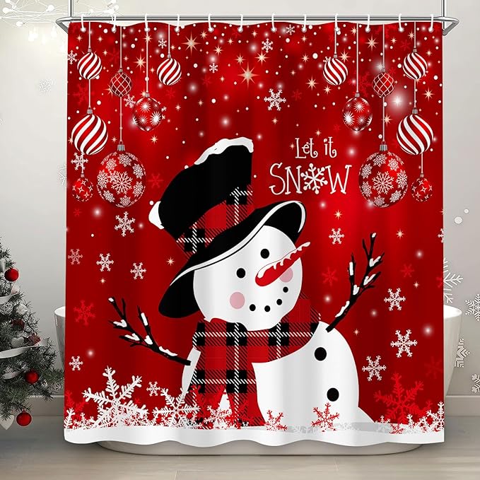Christmas Snowman Shower Curtain, Red Xmas Ball Cute Winter Snowman Shower Curtain Christmas Holiday Decor, Durable Fabric Machine Washable with Hooks, 72 x 72 Inches