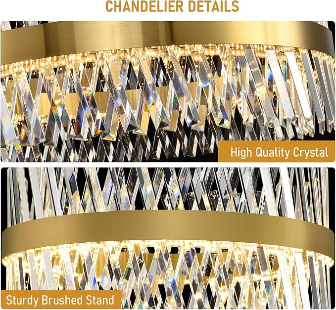 Modern Crystal Chandeliers, Crystal Chandelier for Dining Room, 24 Inch Round Gold Chandelier. Suitable for Living Rooms, Kitchens, bedrooms, and Entrance Halls. Elegant Chandeliers.