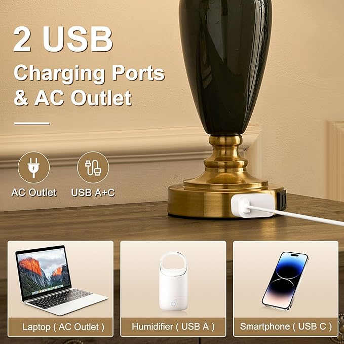 24" Ceramic Table Lamp with 3 Way Dimmable Touch Lamps - 2 USB Ports & AC Outlet Bedside Lamps, Modern Nightstand Lamp for Bedroom Living Room Office (Bulb Included) (Dark Green-2 Pack)
