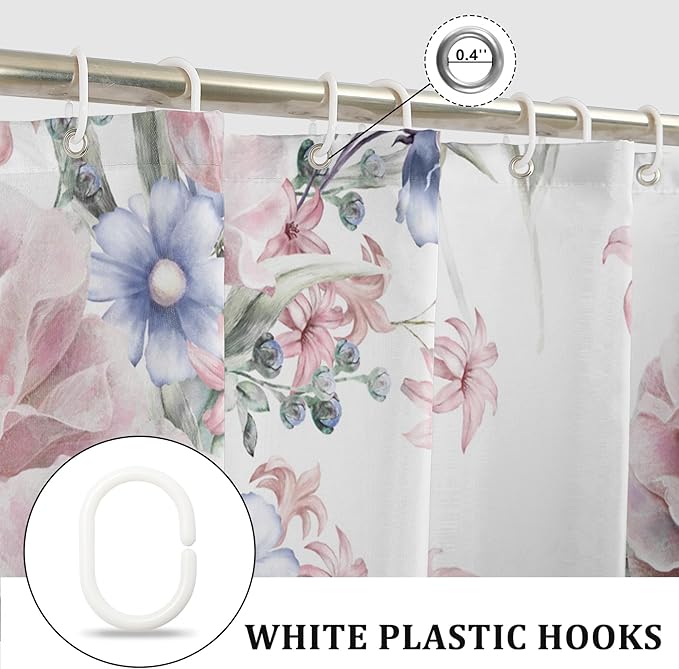 Colorful Floral Shower Curtain Watercolor Flower Modern Design Bathroom Curtain Girls Pretty Plant Decor Shower Curtain with Hooks Waterproof Polyester Fabric 48x72 Inch