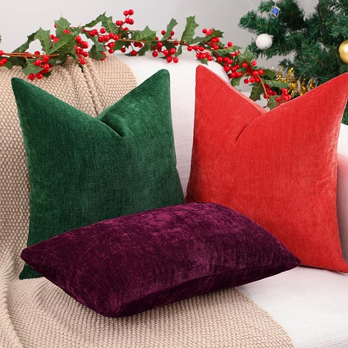 decorUhome Chenille Red Throw Pillow Covers 12x20 Inch Set of 2, Decorative Soft Couch Pillow Covers Solid Dyed Accent Velvet Farmhouse Neutral Rectangle Christmas Pillow Cases for Sofa Living Room