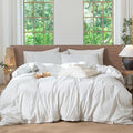 MooMee Striped Duvet Cover Set 100% Washed Cotton Linen Like Textured Breathable Durable Soft Comfy (White Heathered Green Wide Stripes, Super Queen 90"x98")
