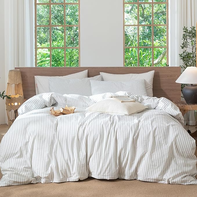 MooMee Striped Duvet Cover Set 100% Washed Cotton Linen Like Textured Breathable Durable Soft Comfy (White Heathered Green Wide Stripes, Super Queen 90"x98")