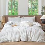 MooMee Striped Duvet Cover Set 100% Washed Cotton Linen Like Textured Breathable Durable Soft Comfy (White Heathered Green Wide Stripes, Super King 108"x98")