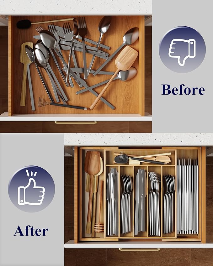 Kitsure Large Bamboo Silverware Organizer - Expandable Drawer Organizer for Utensil, Cutlery and Flatware, Kitchen Storage Solution with 6 to 8 Slots, Natural, 18.7" × 12.8" × 1.8"