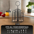 360° Rotating Kitchen Utensil Holder- 3 Compartment Organizer with Cork Bottoms | Includes Premium 9-Piece Acacia Wood Utensil Set | Professional & Home Luxury Design | Metal Utensil Crock (Black)