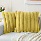 FUTEI Mustard Yellow Decorative Throw Pillow Covers 20x20 Inch Set of 2, Square Soft Faux Rabbit Fur Big Striped Cushion Cover,Home Decor for Couch Sofa Bed Living Room