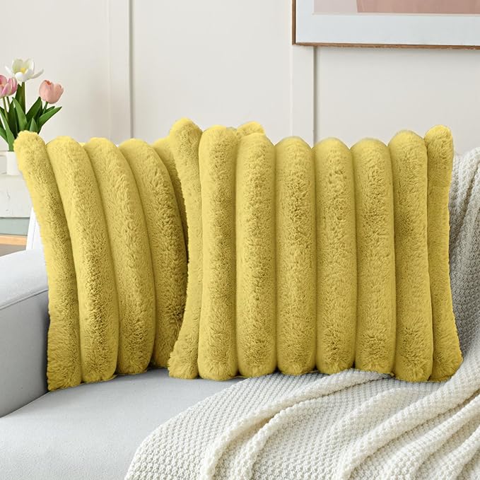 FUTEI Mustard Yellow Decorative Throw Pillow Covers 26x26 Inch Set of 2, Square Soft Faux Rabbit Fur Big Striped Pillow Sham,Home Decor for Couch Sofa Bed Living Room