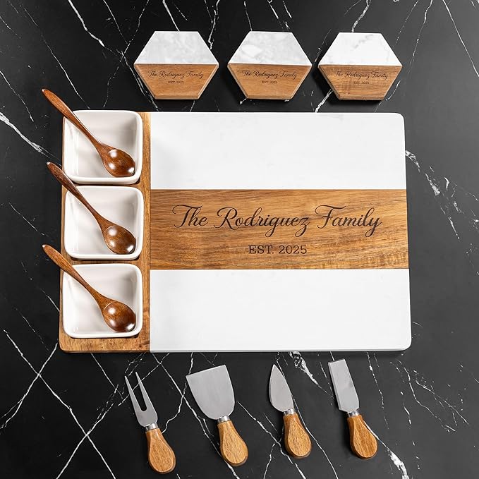 Personalized Charcuterie Boards - Custom Engraved Wooden Marble Charcuterie Cheese Board with Name - House Warming Gifts New Home, Bridal Shower, Wedding, Birthday Gifts