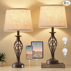 Table Lamp for Bedroom Set of 2 with USB C+A Ports - Modern Brown Bedside Lamps with Spiral Cage Base Fabric Shade - Nightstand Lamp for Living Room Reading Bed Side End Table 2 LED Bulbs Included