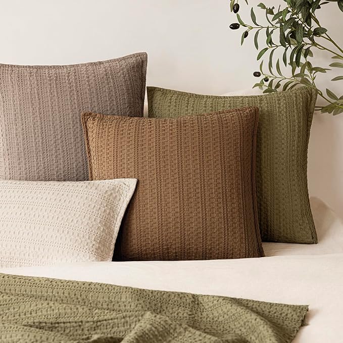 Foindtower Set of 2 Decorative Cotton Waffle Weave Throw Pillow Covers Euro Shams Cushion Covers Accent European Pillowcase for Bed Couch Sofa Bedroom Living Room Home Decor 24×24 Inch Orange Brown