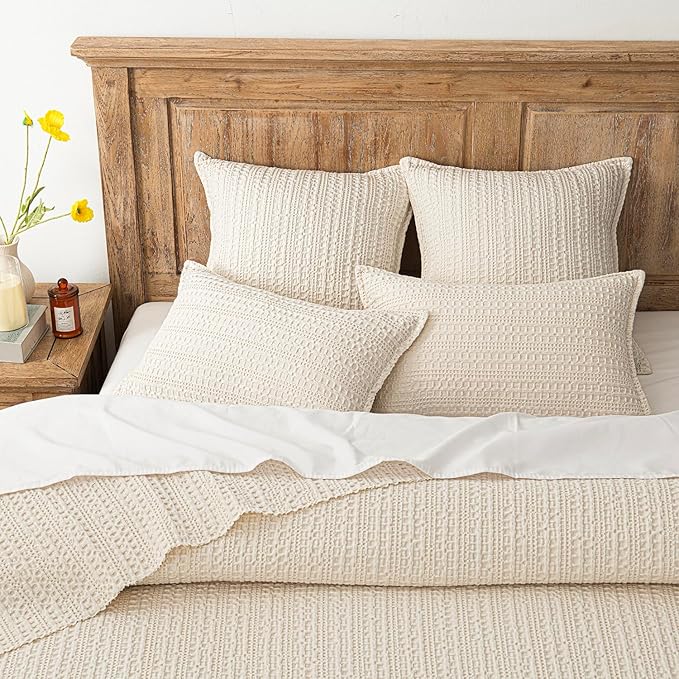 Foindtower Set of 2 Decorative Cotton Waffle Weave Throw Pillow Covers Euro Shams Cushion Covers Accent European Pillowcase for Bed Couch Sofa Bedroom Living Room Home Decor 22×22 Inch Natural Beige