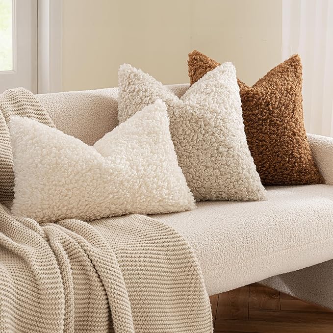 MIULEE Pack of 2 Throw Pillow Covers 24x24 Inch Neutral Light Beige Faux Fur Decorative Sherpa Pillow Covers Fuzzy Accent Soft Sheepskin Fleece Cushion Cases for Boho Home Decor Couch Living Room Bed