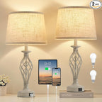 Table Lamp for Bedroom Set of 2 - Light Grey Bedside Lamps with USB C+A Ports,Rustic Distressed Farmhouse Bedroom Lamp - Lamp for Living Room Reading Bed Side End Table Bulbs Included