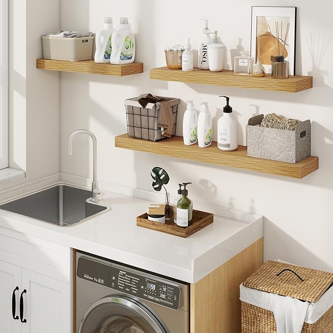 fuqing Floating Shelves for Wall, Wall Mounted Wood Floating Shelf with Invisible Brackets for Living Room, Bathroom, Bedroom, Kitchen Storage and Decor, 32 Inch Set of 2, Oak