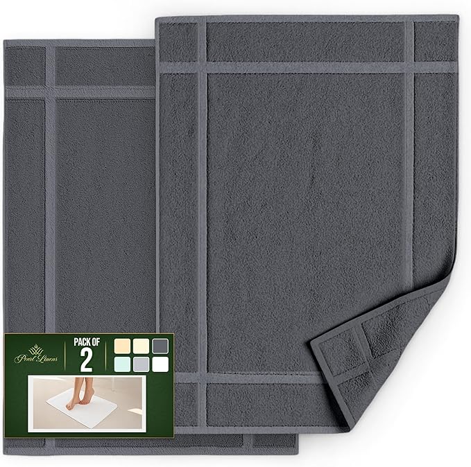 Pearl Linens Pack of 2 Washable Cotton Bath Mat 20x30 - Soft & Absorbent Quick Dry Bathroom Mat Set, Not Bathroom Rugs After Shower Mat, Terry Bath Tub Mat, 687 GSM Dark Grey