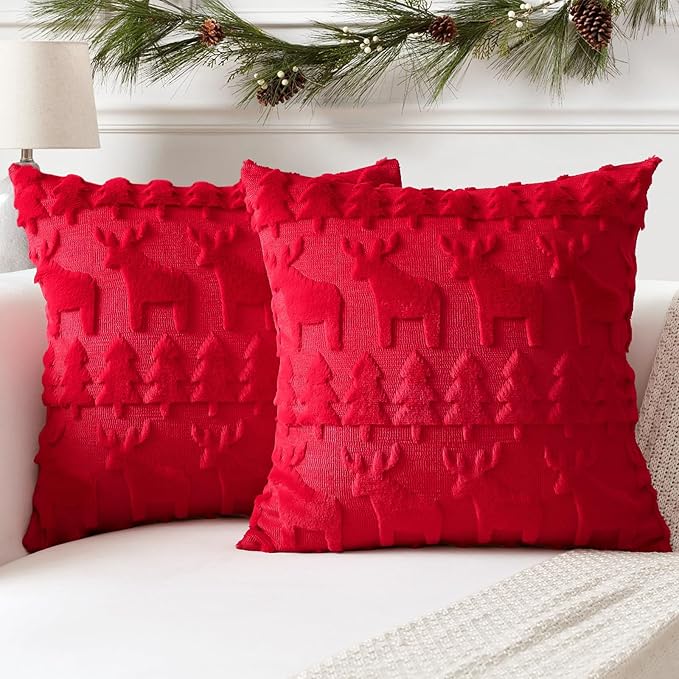 OTOSTAR Set of 2 Xmas Soft Plush Short Wool Velvet Decorative Throw Pillow Covers Square Luxury Style Cushion Case Pillow Shell for Sofa Bedroom Christmas Tree and Elk Red, 18x18 Inch