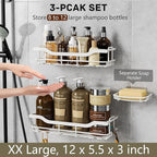 OMAIRA 3-Pack Shower Caddy with Soap Holder, Adhesive Rustproof No-drill Strudy Loading Inside Shower Organizer Shelves Rack Storage Bathroom Organization for Smooth Wall Glass Tile, White (X-Large)